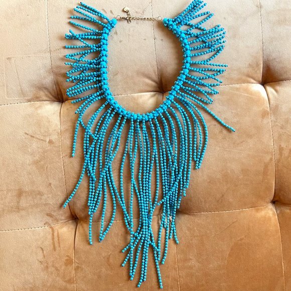 Anthropologie Aqua Beaded Fringe Necklace - Picture 1 of 6